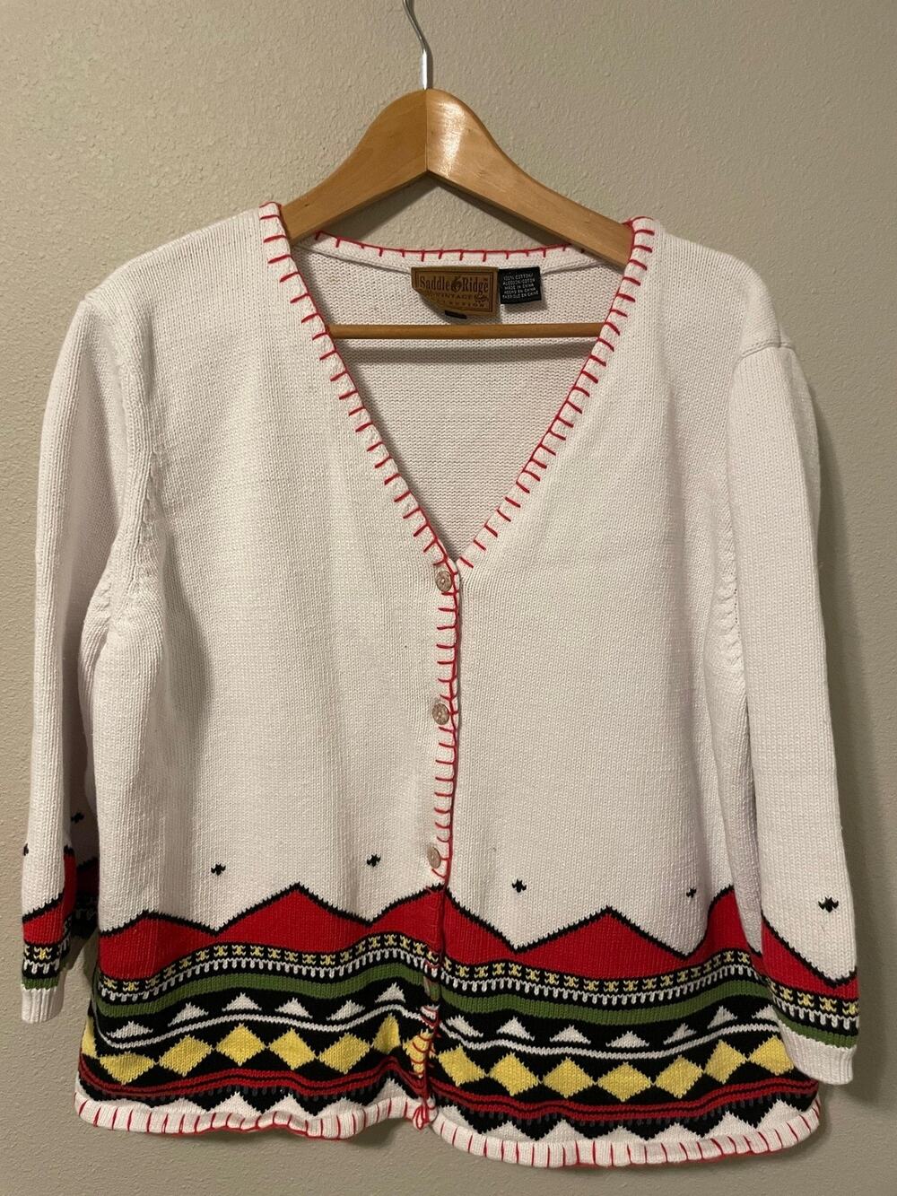 Saddle Ridge Cardigan Womens XL White Western Geometric Knit Western Boho READ